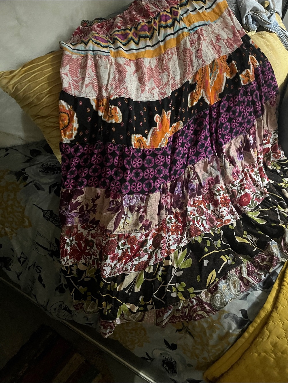 Sacred Threads Multi-Print Tiered Maxi Skirt in Black, Purple, Yellow and Pink